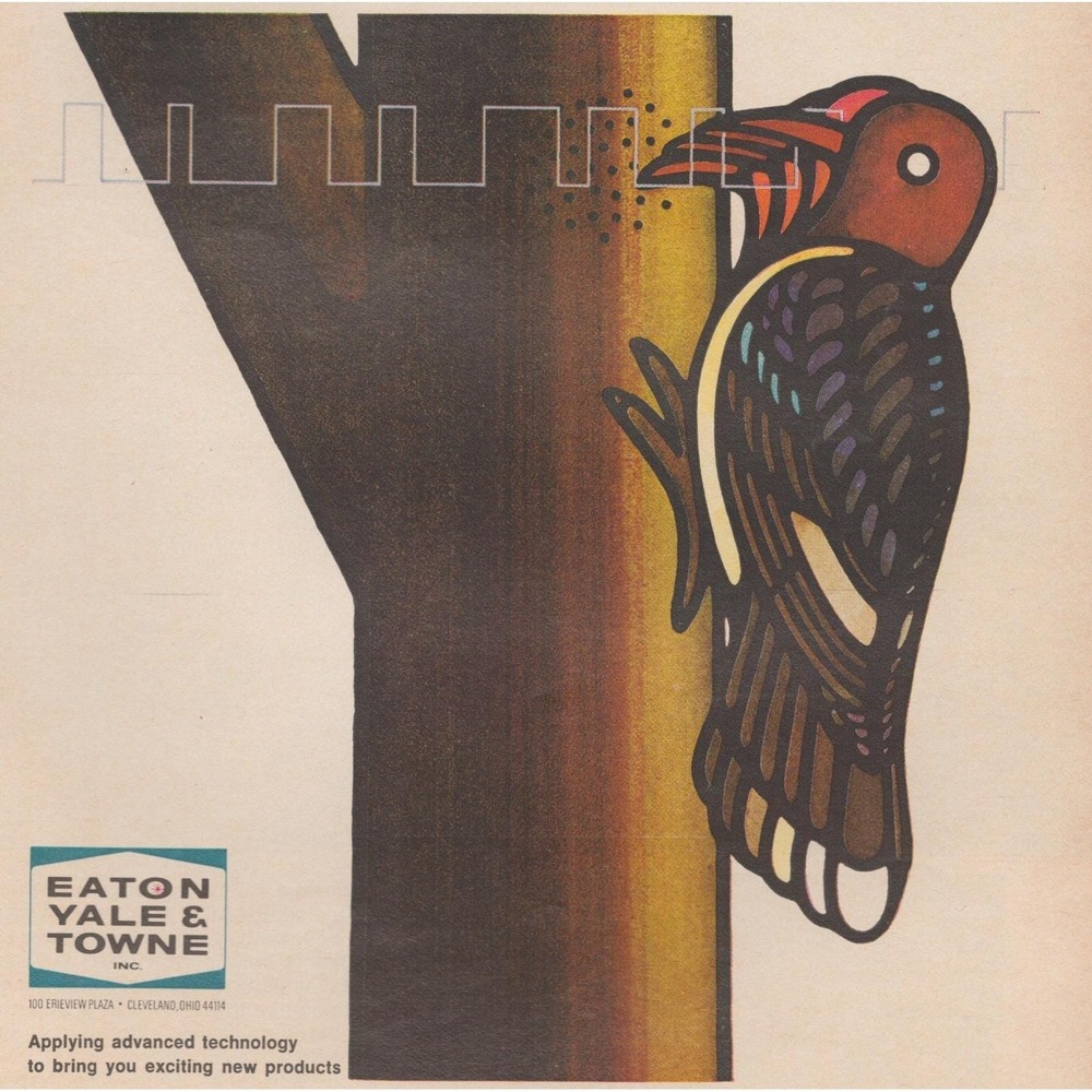 Vintage 1968 Eaton Yale & Towne Microelectronics Print Ad Woodpecker Art
